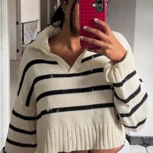 Kendall & Kylie Cream V-Neck Cropped Sweater with Black Stripes